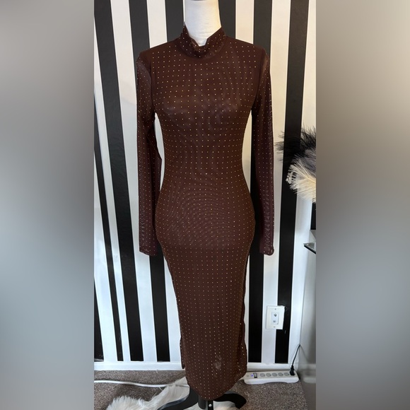 Brown with Gold Crystal Mock Neck Double Mesh Midi Dress - NWT - Picture 5 of 7